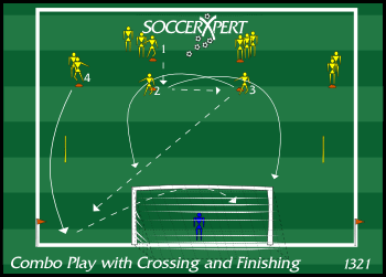 The attacking third — a combination grid above the penalty area, a stick and a wide cone on each sideline, balls stacked on the midfield side.