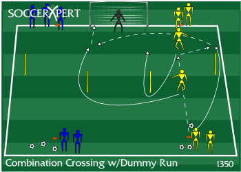 A full-size goal with a line 5 yards off each post on the end line, two matching lines 30 yards out with the balls, a goal-width pair of sticks at the 18, and sticks near each sideline.