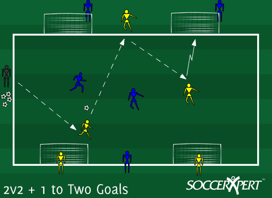 A 25-by-40 grid with two mini-goals, a target player for each team stationed off the field between the goals they attack, and the coach outside with balls.