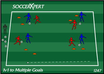 A 30-by-30 grid dotted with small two-to-three-yard windows of cones or sticks, a pair of players and one ball at each window.