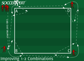 A 20-by-25 grid with a player waiting on three corner cones and the line queued at the fourth, ball with the first in line.