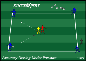 A 20-by-20 grid with a player on each corner, two in the middle, and balls waiting at opposite corners.