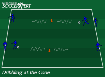 A 20-by-10 grid with a 9-inch cone at its center, two players with a ball on one side, and one player waiting across from them.