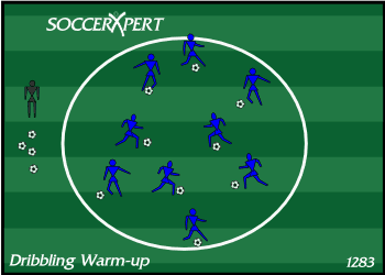 One large circle — the field's center circle or a cone-built one — with the whole team inside it, a ball at every player's feet.