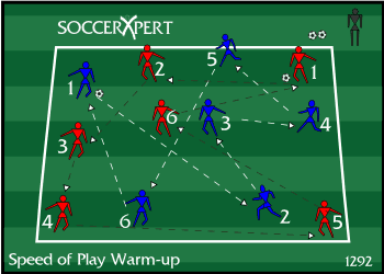One 30-by-40 grid with the color groups fully intermingled inside it, numbered players scattered, the ball starting at players 1 and 4.