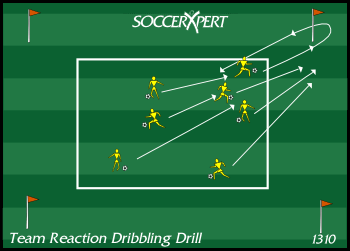 A 20-by-20 grid full of dribbling players, one ball each, with a stick or flag planted off each of the four corners.