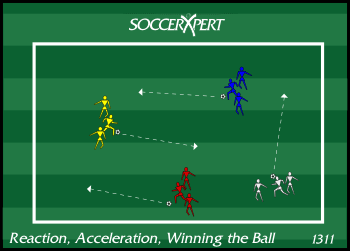 Trios spread through a large open area, one ball per group — one player dribbling, two jogging alongside as shadows.