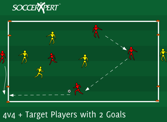 A 4v4 field with 5-yard windows marked at the sides of the end line and a target player standing beyond them.