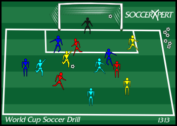 Four teams of three in pinnies packed inside the penalty box, a keeper in the full-size goal, and the coach at the edge with the ball supply.