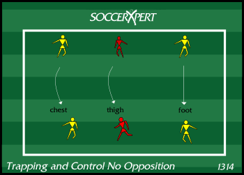 Two facing lines of players 5 to 10 yards apart, each pair sharing one ball.