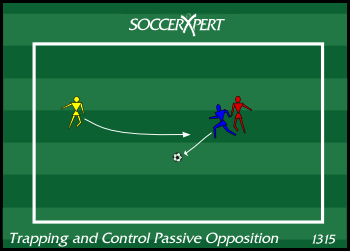 Trios spread out — a server 10 yards away with the ball, a receiver, and a defender at the receiver's shoulder, close enough to touch.