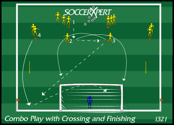 The attacking third — a combination grid above the penalty area, a stick and a wide cone on each sideline, balls stacked on the midfield side.