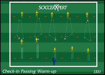 Three parallel cone lines 5 yards apart, pairs facing in from the outside lines with one ball per pair.