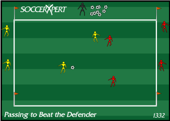 A 25-by-30 grid with a 2v2 in the middle, a pair from each team stationed on its end line, and the coach outside with a pile of balls.