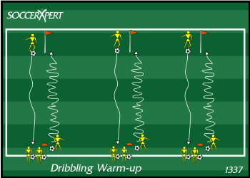Small lines of three or four players, a ball each, with a flag or practice stick planted about 10 yards in front of every line.
