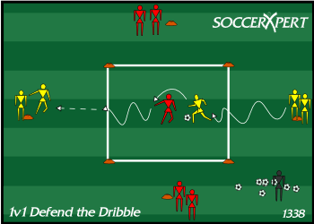 A small middle square with a starting cone 10 yards out on each of two opposite sides, a line of players on each cone, one defender inside.