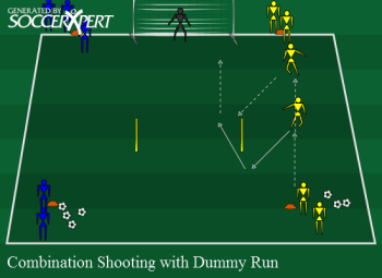 A full-size goal with a line 5 yards off each post on the end line, two matching lines 30 yards out with the balls, and a goal-width pair of sticks at the 18.