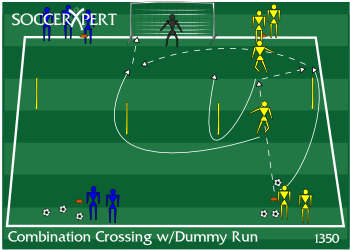 A full-size goal with a line 5 yards off each post on the end line, two matching lines 30 yards out with the balls, a goal-width pair of sticks at the 18, and sticks near each sideline.