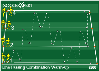 Four players spaced 10 yards apart along a sideline, ball at a far cone, with the whole field ahead of them to cross.