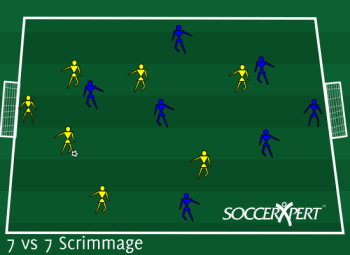 A 60-by-40 field with a full-size goal on each end line, six field players per team, and a keeper in each goal.