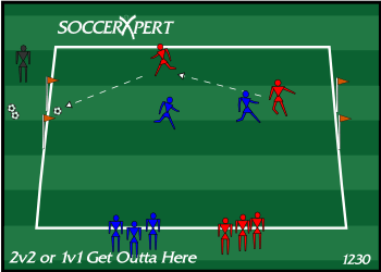 A 15-by-25 grid with a small goal on each end and two team lines flanking the coach at the sideline, the ball supply at the coach's feet.