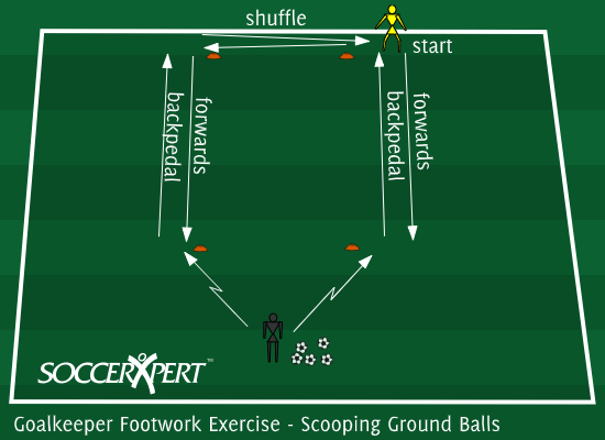 A 5-by-10 grid with the keeper on one end and the coach about 5 yards beyond the opposite end with a supply of balls.