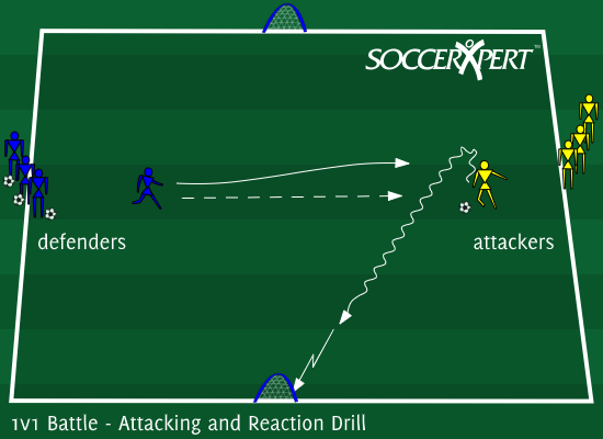 A grid wider than it is long with a small goal on each end line, attackers lined on one sideline without balls, defenders with balls directly across.