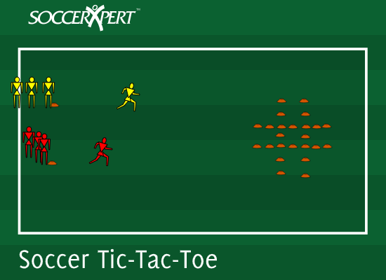 Two starting cones with a relay line behind each, and a nine-space cone tic-tac-toe board 10 yards away.