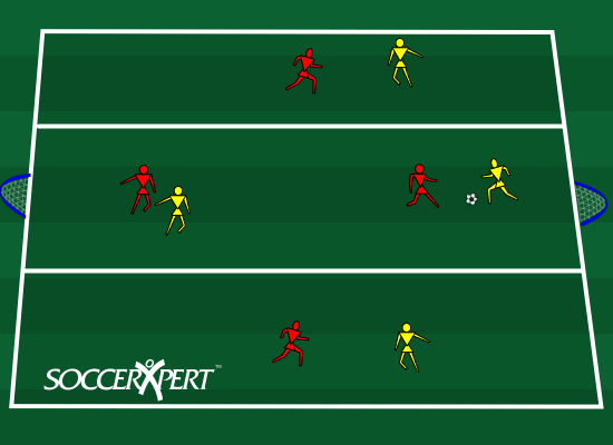 A 40-by-25 grid split lengthwise into three lanes, a Pugg goal on each endline, wingers in the outside lanes, target players and defenders in the middle.