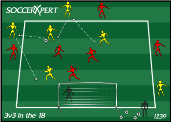 The penalty area as the field — a 3v3 inside, a keeper in the full-size goal, and the remaining players ringing the outside of the box in alternating colors.