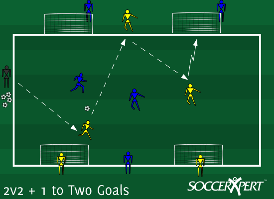 A 25-by-40 grid with two mini-goals, a target player for each team stationed off the field between the goals they attack, and the coach outside with balls.
