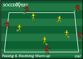 A 20-by-20 square with one team spaced around the outside, a ball each, and the working team inside.