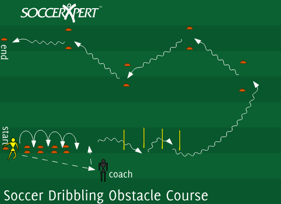 A course of hurdles, slalom sticks, and zigzag gates in a row, with the players and balls lined up at the start and the coach in passing range.