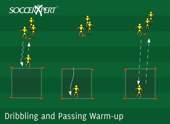 An 8-by-8 grid 8 yards off the sideline with a starting cone on the sideline at its center and a short line of players — one grid per group.