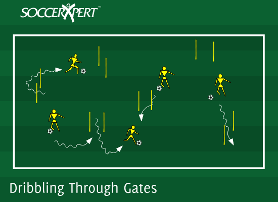 A 25-by-20 area scattered with 2-yard stick-or-cone gates and every player inside with a ball.