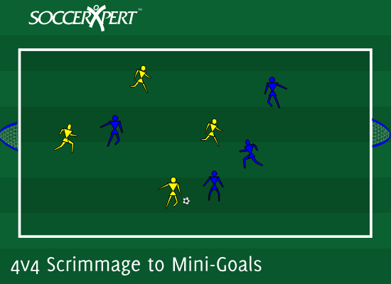 A small field with a mini-goal centered on each end line, two teams of four inside, and the ball at the center spot.