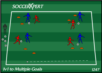 A 30-by-30 grid dotted with small two-to-three-yard windows of cones or sticks, a pair of players and one ball at each window.
