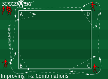 A 20-by-25 grid with a player waiting on three corner cones and the line queued at the fourth, ball with the first in line.