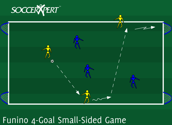 A small field with two spaced mini-goals on each end line, two teams inside, and the coach at the side with a pile of balls.