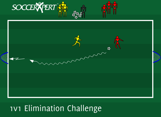 A small field with a Pugg goal on each end line, both teams waiting outside near the midline, and the coach at midfield on a pile of balls.