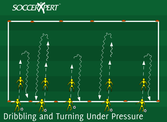 Pairs in a 20-by-15 grid — front player legs wide and facing away, partner behind ready to play the ball through.