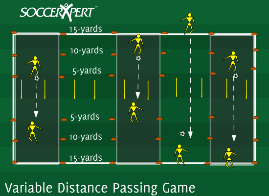 A 20-by-30 field cut into lanes, each with a small center gate and cones marking 5, 10, and 15 yards out, and a pair with a ball at the 5-yard markers.