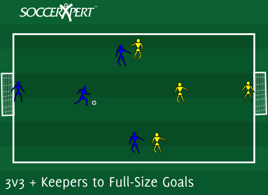 A 40-by-30 field with a full-size goal and keeper on each end and two teams of three between them.