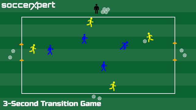 A 20-by-25 grid with a small cone gate on each end, two teams of four in different colors inside, and spare balls dotted around the outside.
