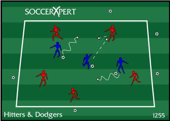 A 15-by-15 grid with three dribblers on balls among scattered ball-less dodgers, and a supply of spare balls just outside the line.