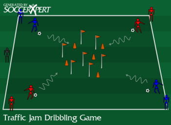 A 30-by-30 grid with tall cones and sticks scattered through the middle and a team lined up on each corner, one ball per line.