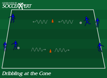 A 20-by-10 grid with a 9-inch cone at its center, two players with a ball on one side, and one player waiting across from them.