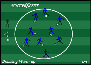 One large circle — the field's center circle or a cone-built one — with the whole team inside it, a ball at every player's feet.