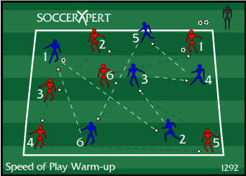 One 30-by-40 grid with the color groups fully intermingled inside it, numbered players scattered, the ball starting at players 1 and 4.